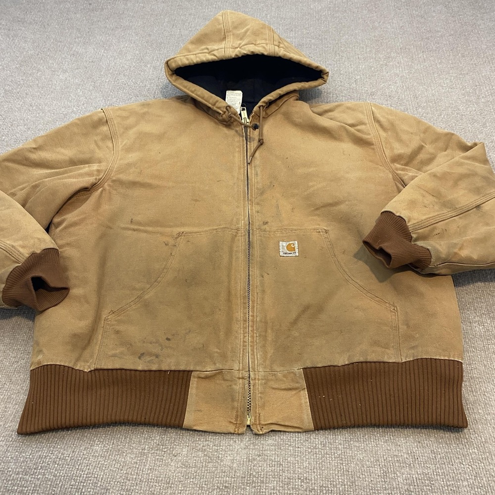 Carhartt J140 Jacket Mens XL Brown Canvas Hooded Lined Bomber Distressed Vintage